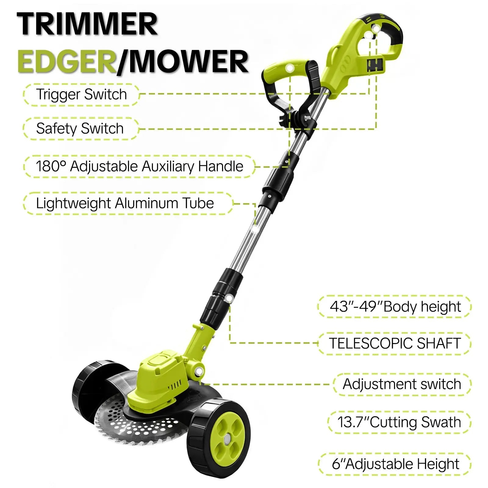 3-in-1 Cordless Lawn Mower with 2×21V Batteries, German Quality Lightweight Grass Trimmer