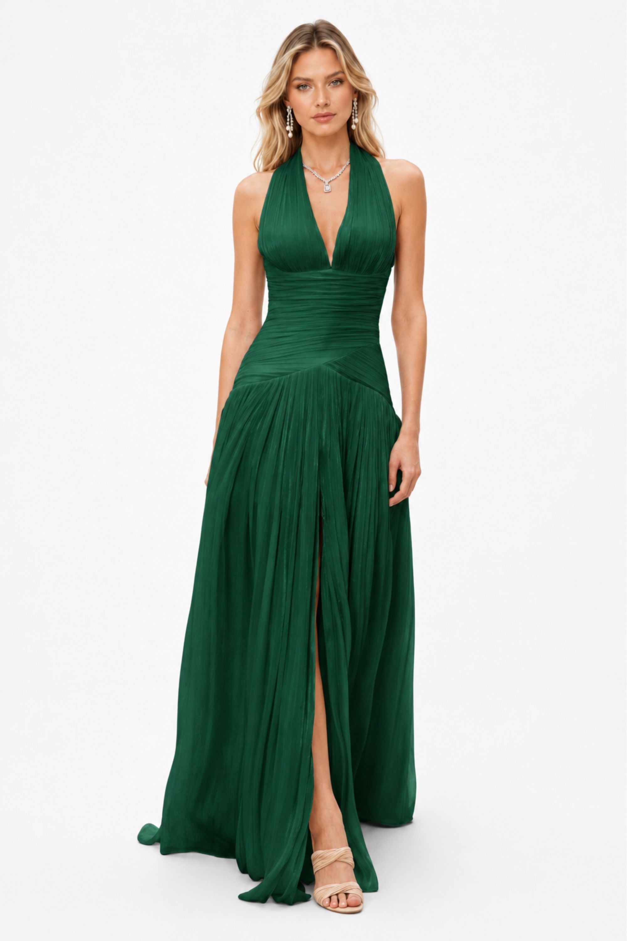Halter PleatedSlit Maxi Dress
