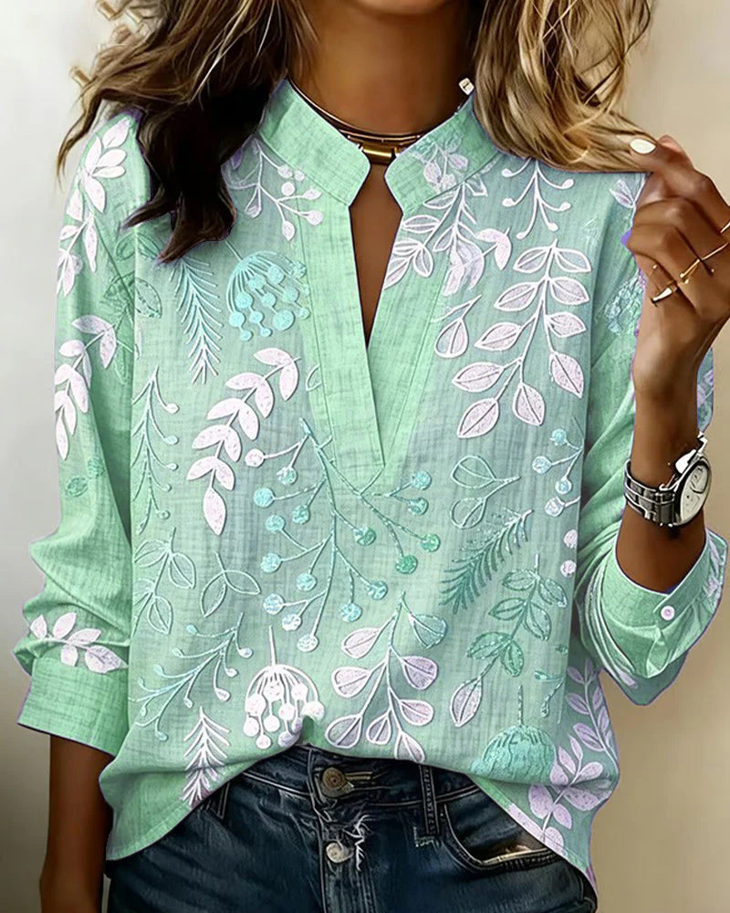 Women's Floral Vine Print Split Neck Blouse in Light Blue