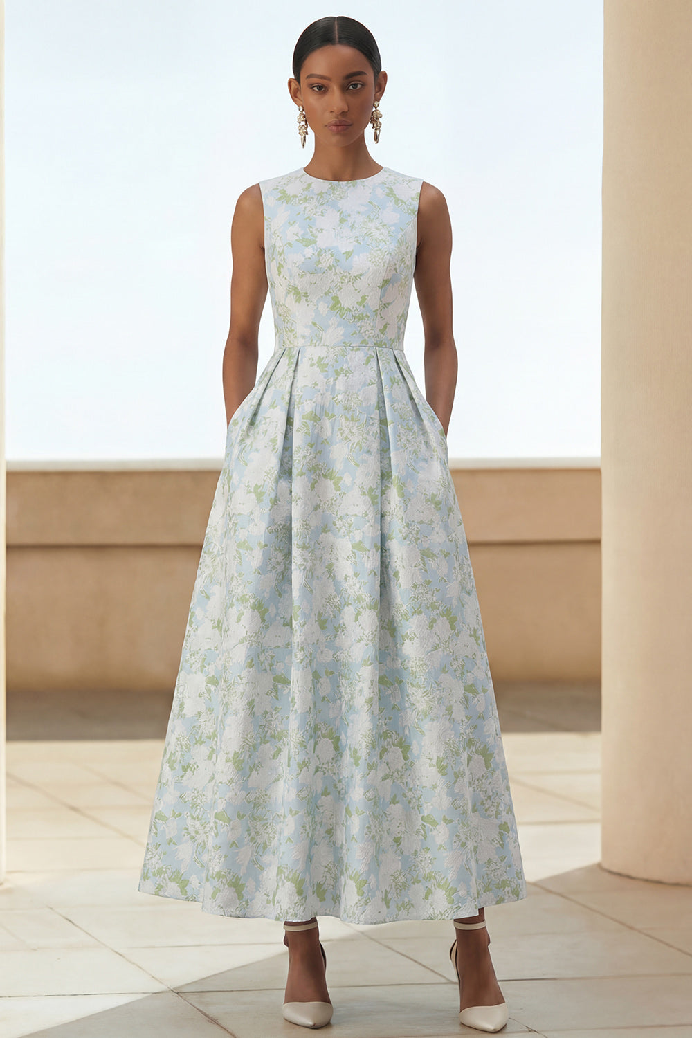 Multiple floral brocade A-line maxi skirts with pockets