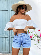 Summer high-waisted rolled-up denim shorts