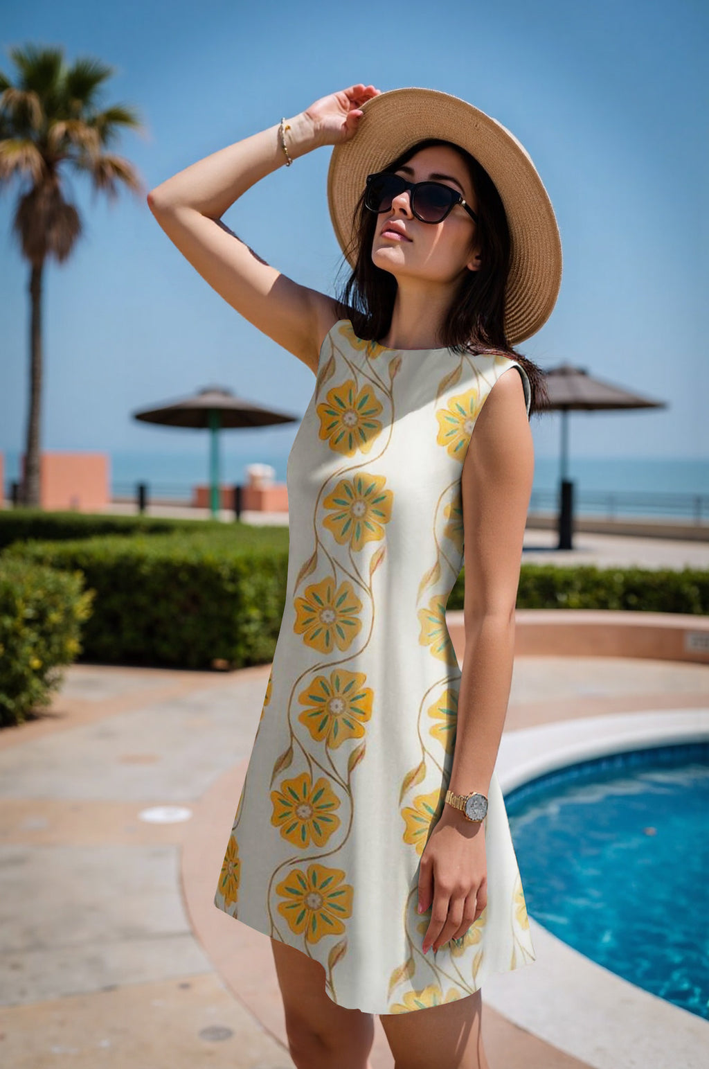 Crew Neck Floral Printed Mini Dress