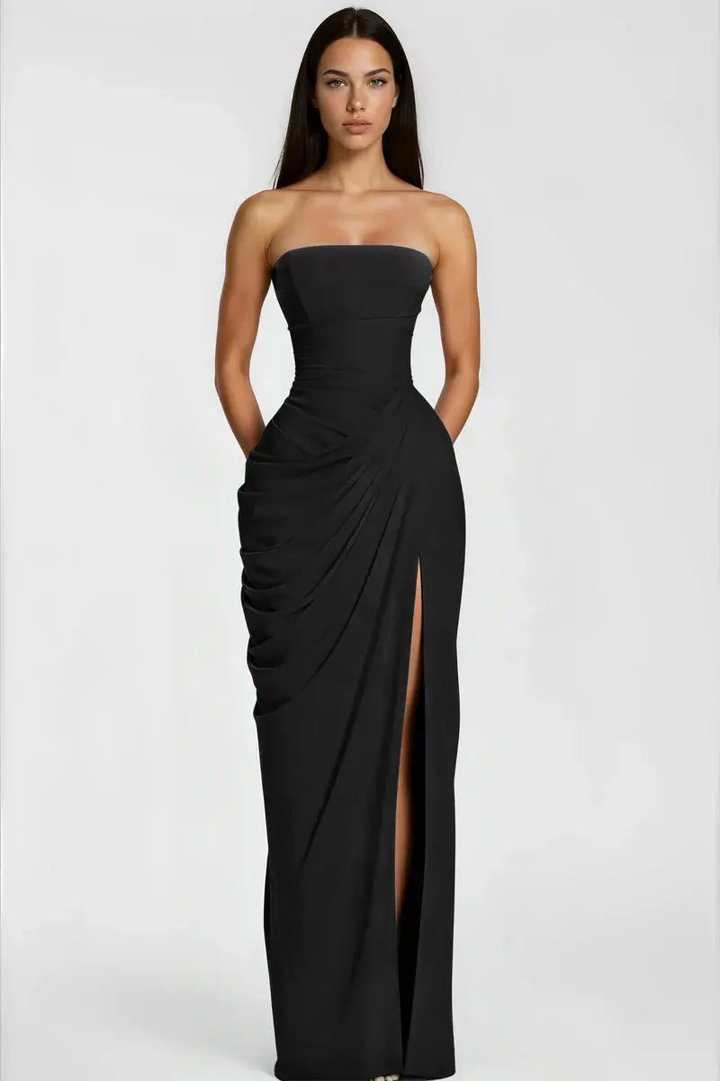 Strapless Draped High-Slit Maxi Dress