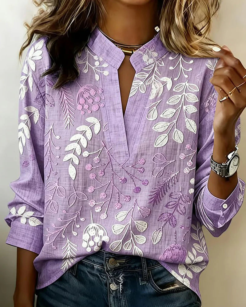 Women's Floral Vine Print Split Neck Blouse in Light Blue