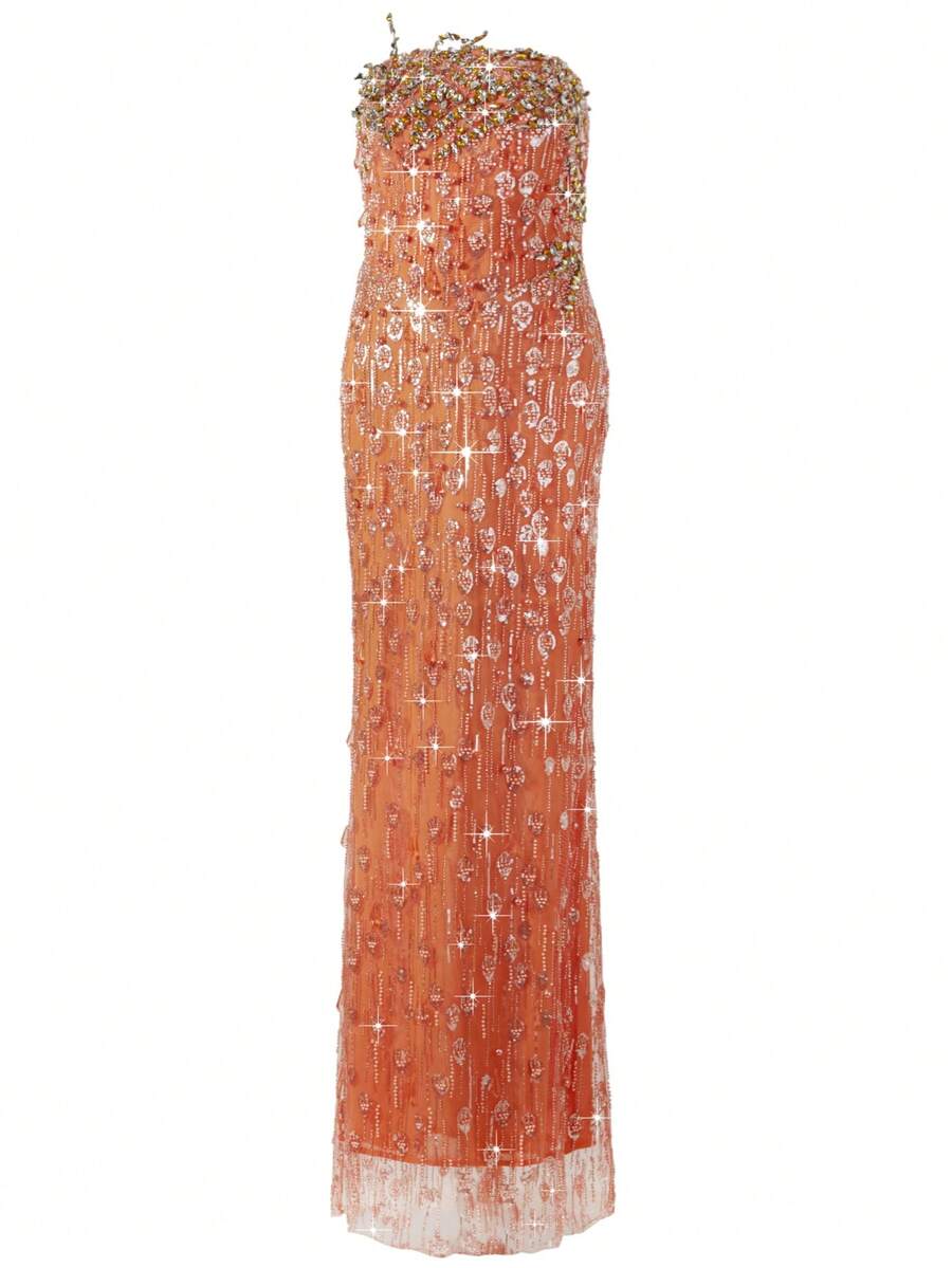 Ladies Rhinestone Strapless Elegant Heavy Embellished Evening Gown, Orange Fitted Sexy Bodycon Dress, For Luxurious Banquet, Wedding, Graduation Party
