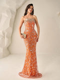 Ladies Rhinestone Strapless Elegant Heavy Embellished Evening Gown, Orange Fitted Sexy Bodycon Dress, For Luxurious Banquet, Wedding, Graduation Party