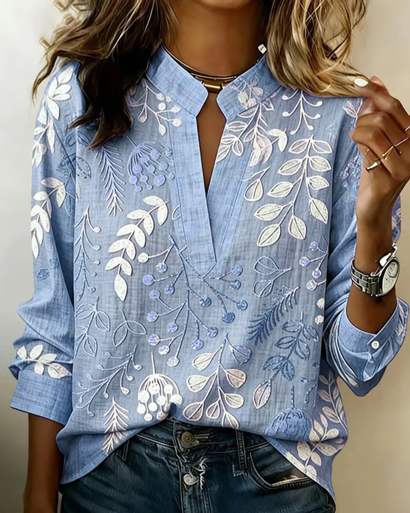 Women's Floral Vine Print Split Neck Blouse in Light Blue