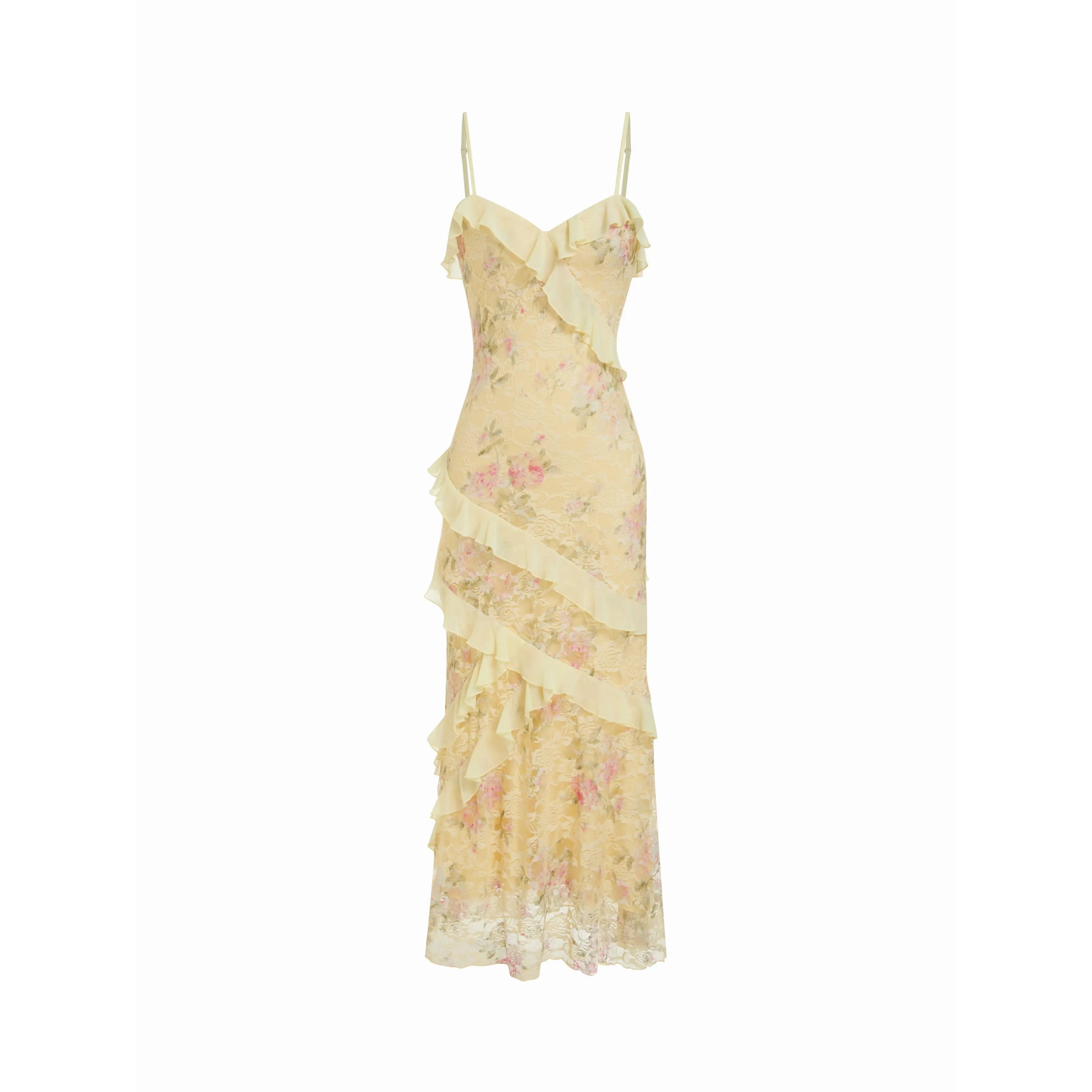 Lace V-neck floral ruffle stretch embroidered slim fit romantic women's summer vacation beach party dress