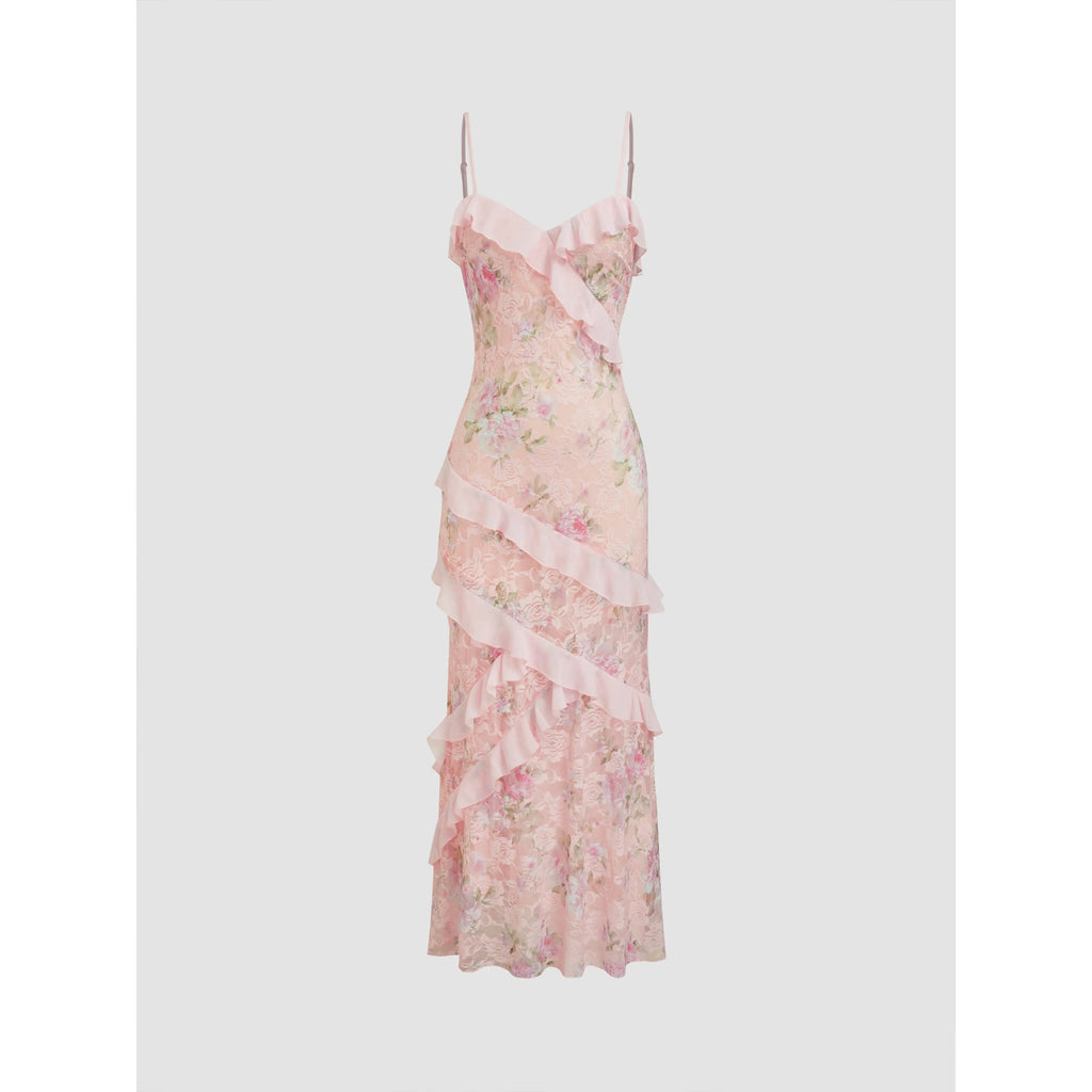 Lace V-neck floral ruffle stretch embroidered slim fit romantic women's summer vacation beach party dress