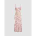 Lace V-neck floral ruffle stretch embroidered slim fit romantic women's summer vacation beach party dress