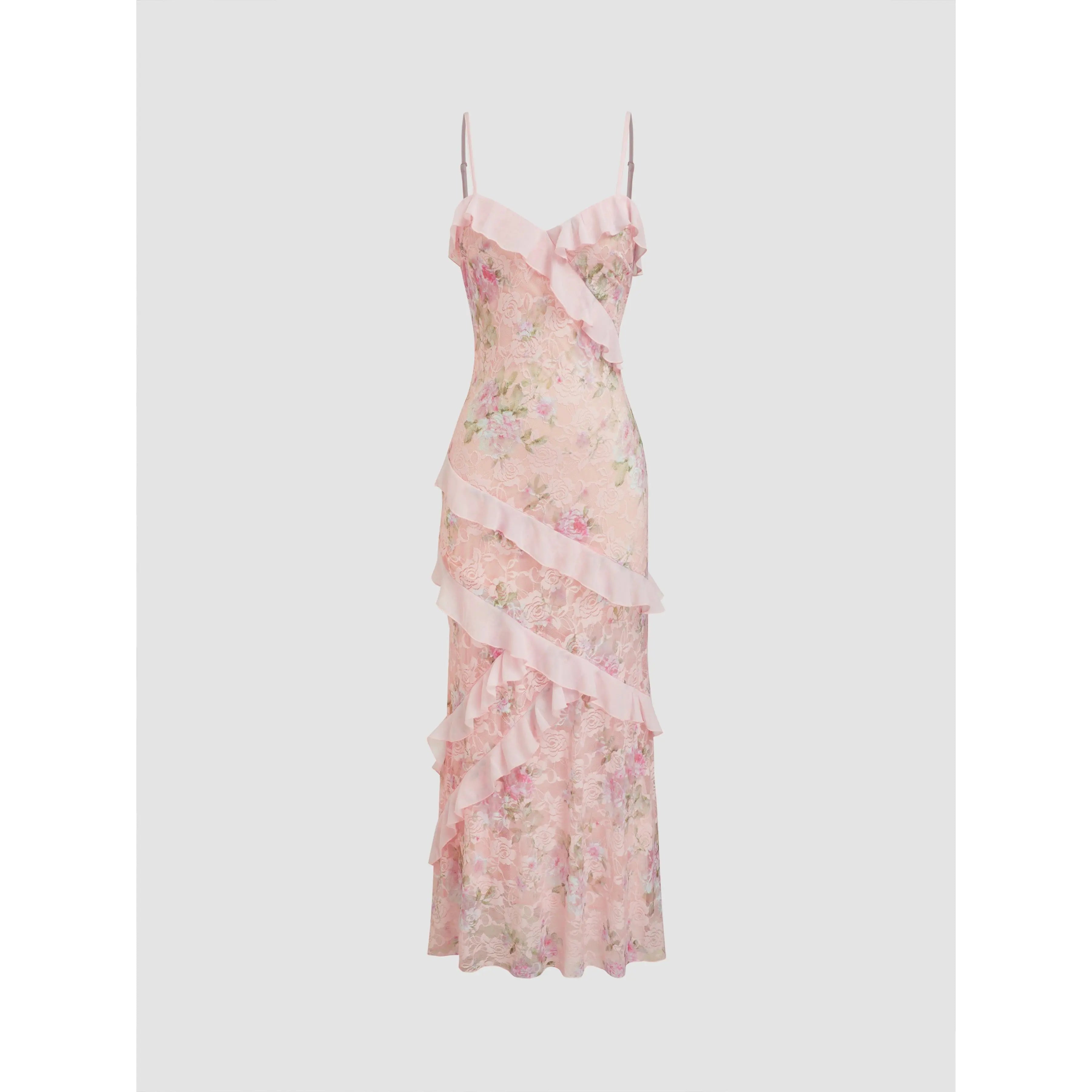 Lace V-neck floral ruffle stretch embroidered slim fit romantic women's summer vacation beach party dress