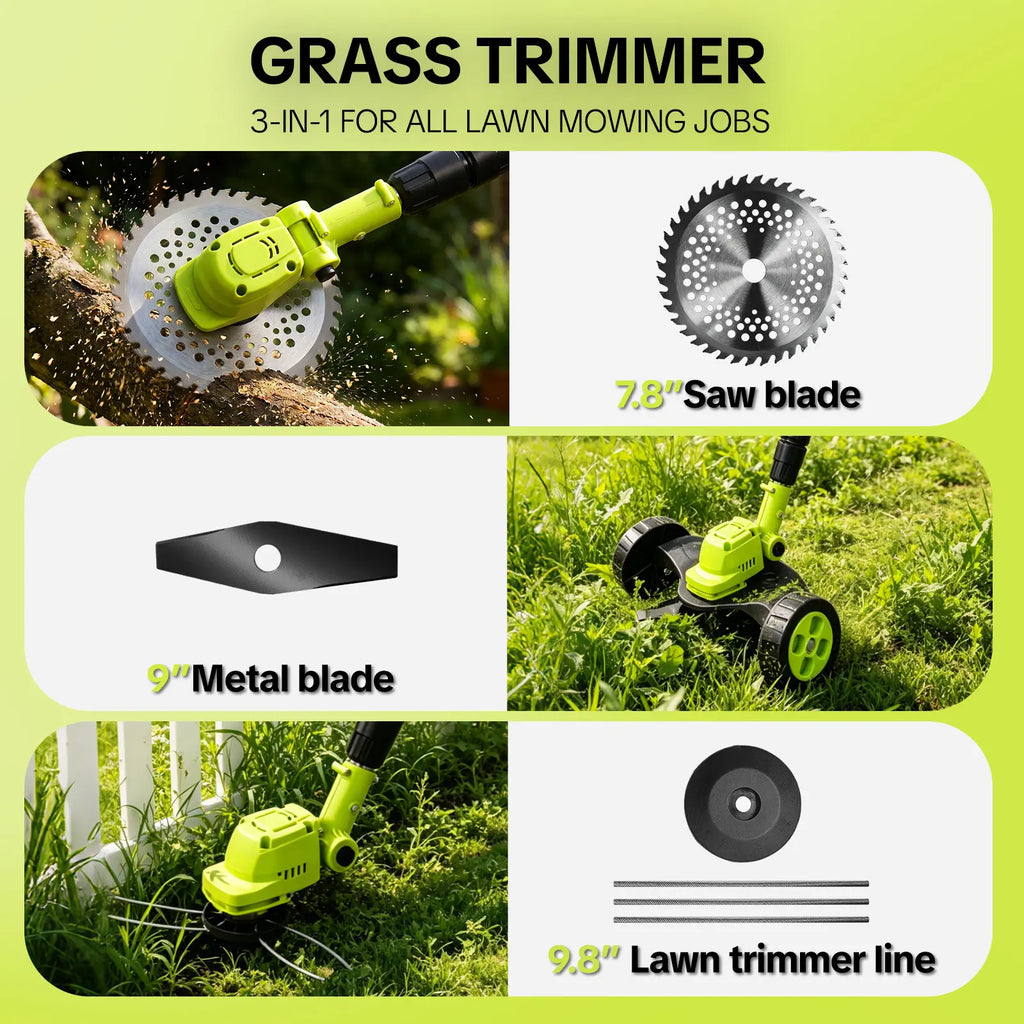 3-in-1 Cordless Lawn Mower with 2×21V Batteries, German Quality Lightweight Grass Trimmer