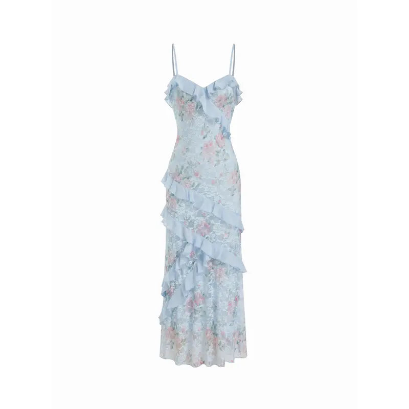 Lace V-neck floral ruffle stretch embroidered slim fit romantic women's summer vacation beach party dress
