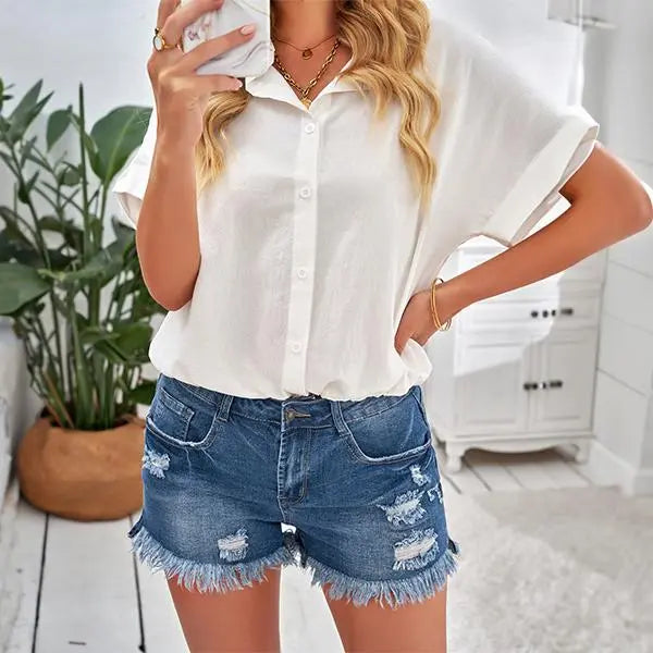 Women's Casual Stretch Ripped Mid-Rise Denim Shorts