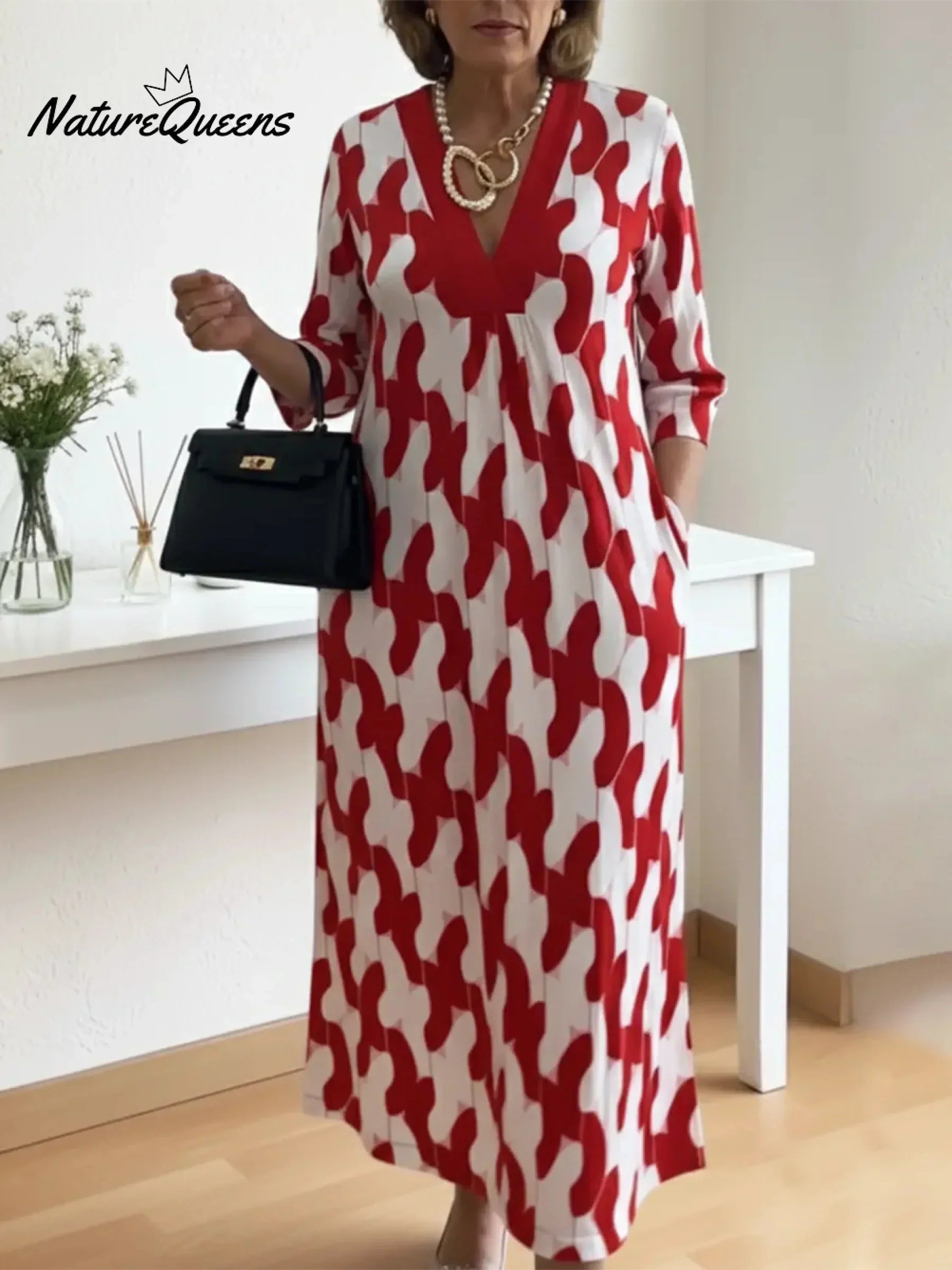 💝💝Elegant Art Print Color Block Trim V-neck Midi Dress