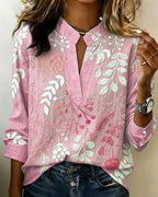 Women's Floral Vine Print Split Neck Blouse in Light Blue