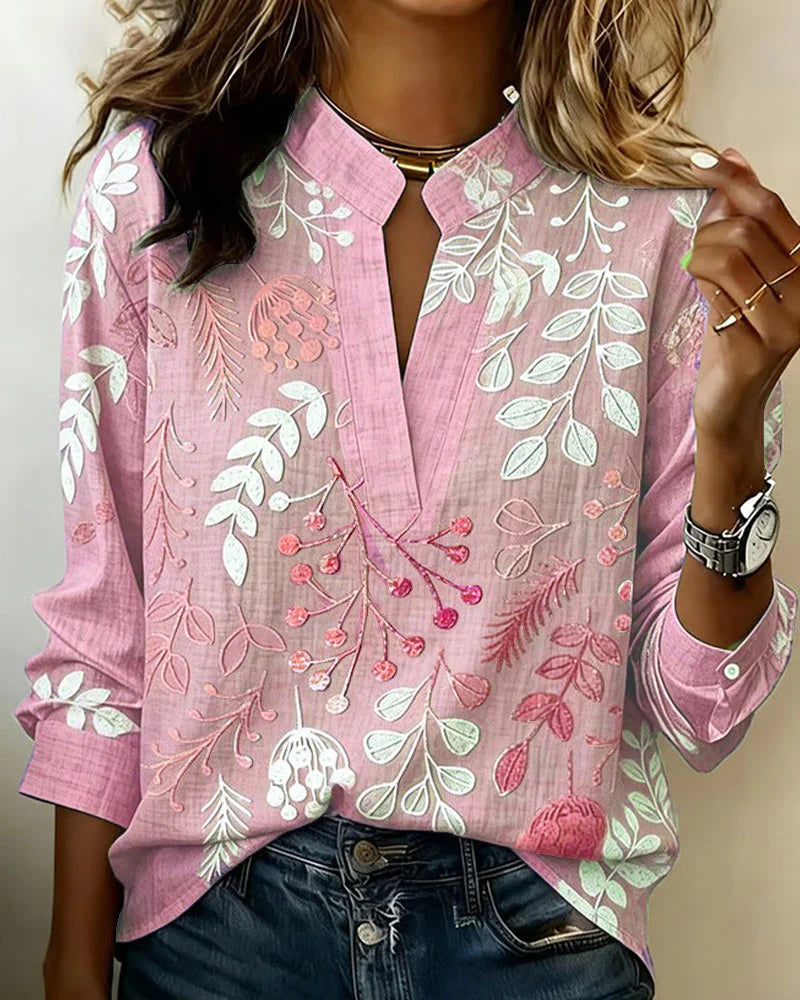 Women's Floral Vine Print Split Neck Blouse in Light Blue