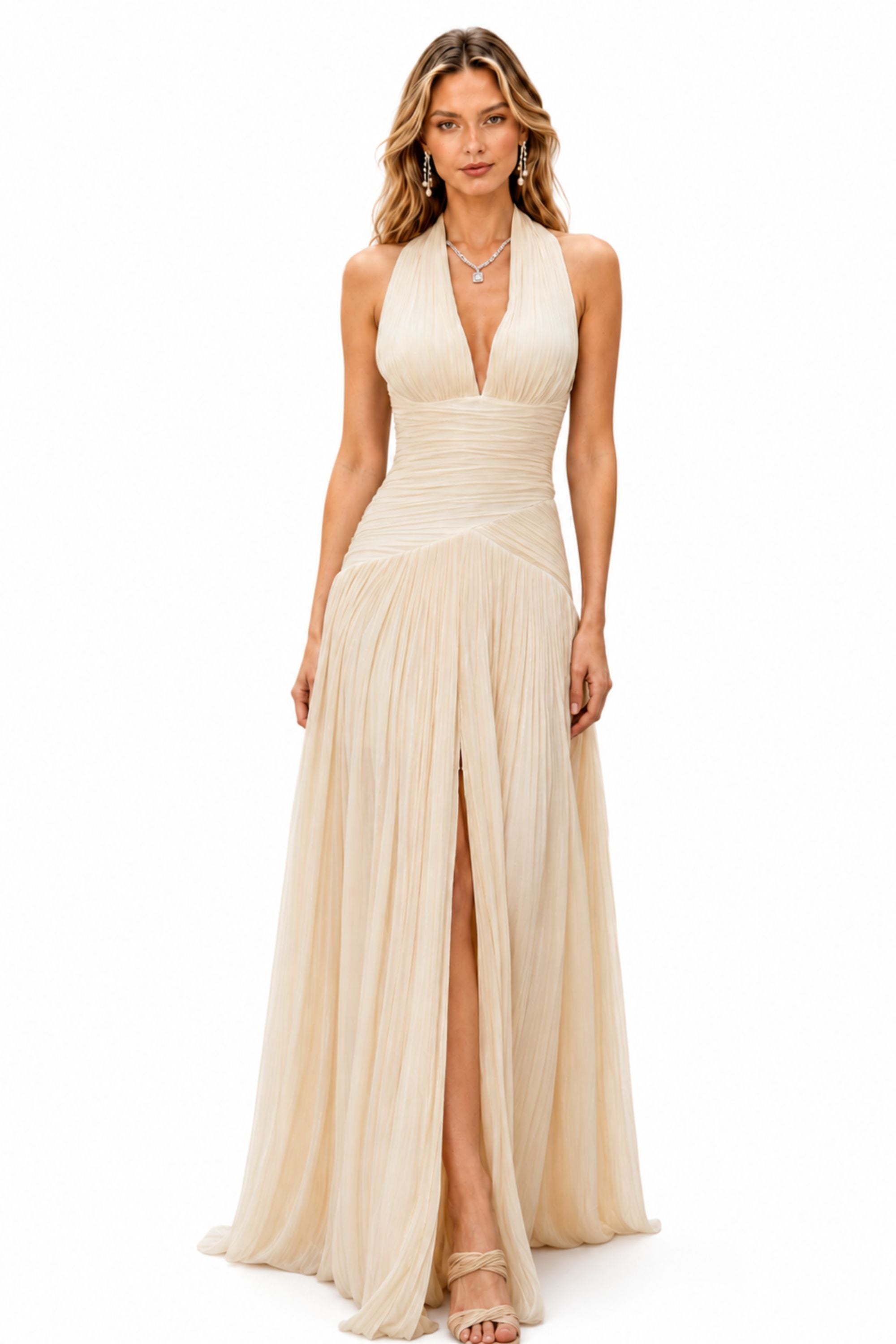 Halter PleatedSlit Maxi Dress