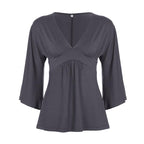 Women's V Neck Patchwork Ruched Batwing Sleeve a Line Loose Fit Fall Winter Y2K Casual Basic Tee, Comfortable Long Sleeve Top
