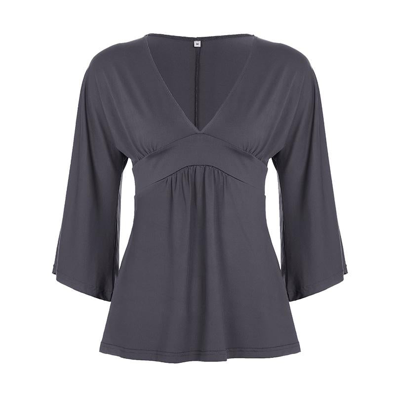 Women's V Neck Patchwork Ruched Batwing Sleeve a Line Loose Fit Fall Winter Y2K Casual Basic Tee, Comfortable Long Sleeve Top