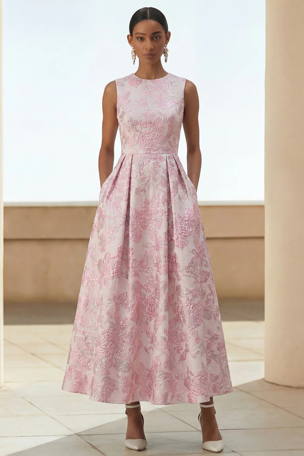 Multiple floral brocade A-line maxi skirts with pockets