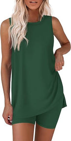 Women's Casual Black 2-Piece Outfit: Sleeveless Long Top & Pocket Shorts Set