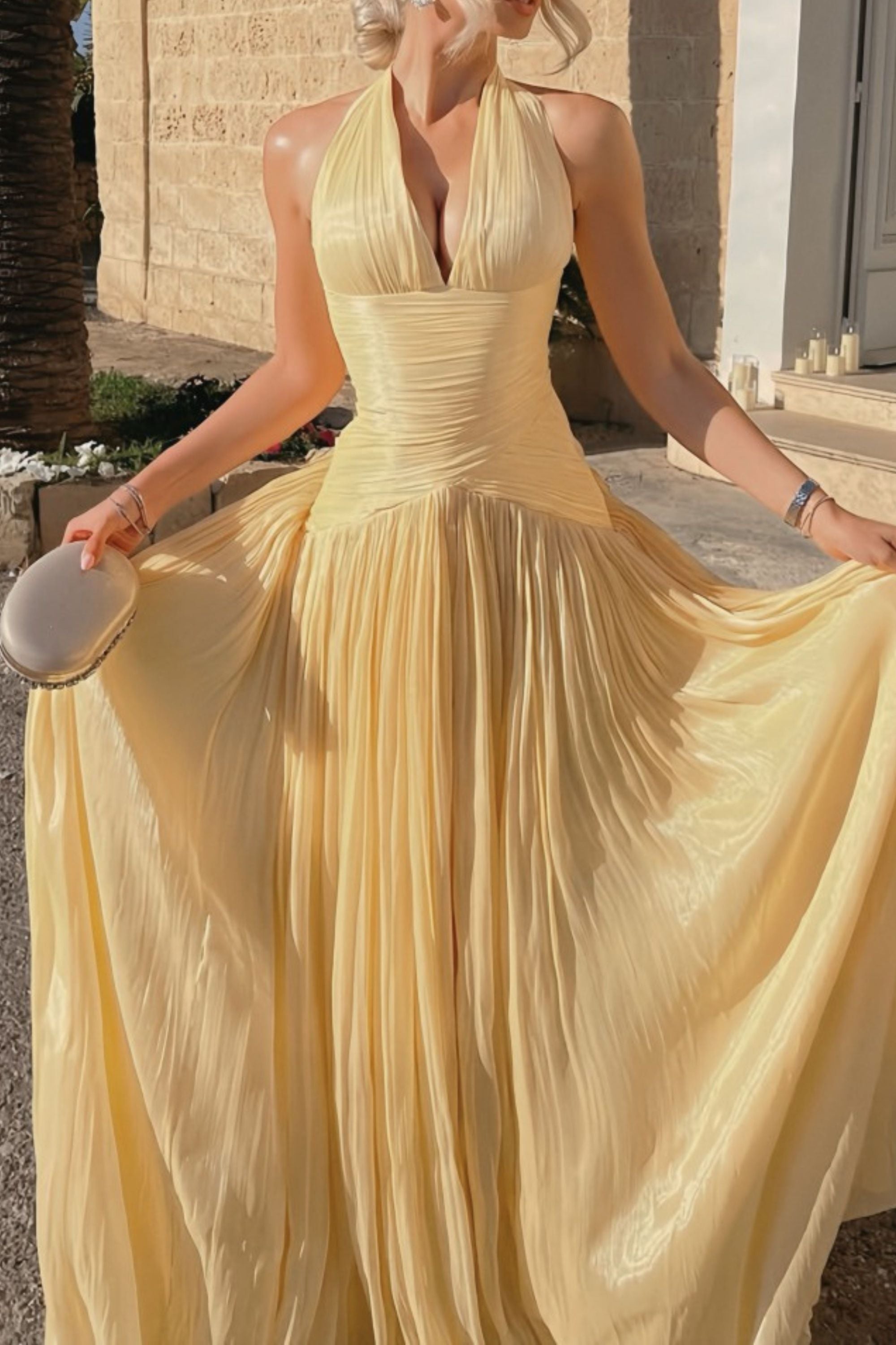 Halter PleatedSlit Maxi Dress