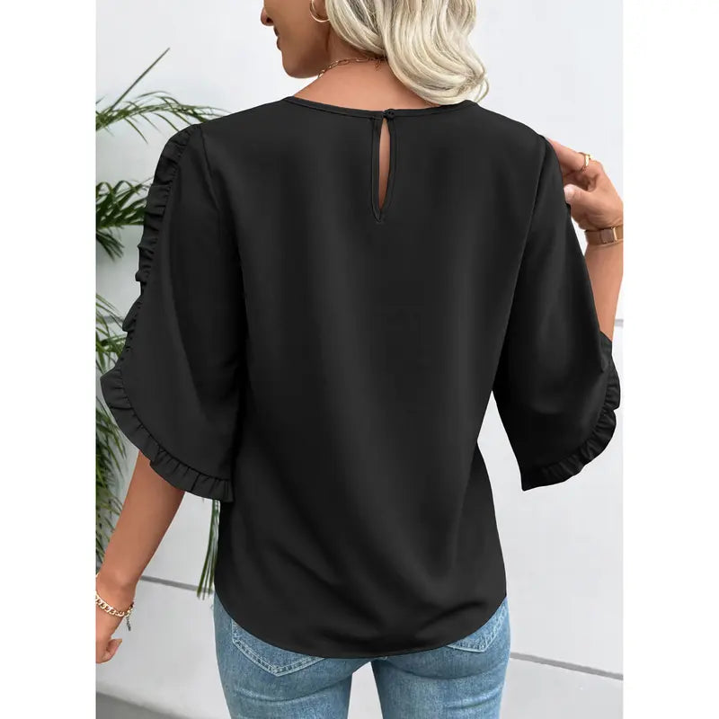 3/4 Long Sleeve Womens,Tops Dressy Casual Lightweight Loose Blouses Crew Neck Ruffle Sleeve