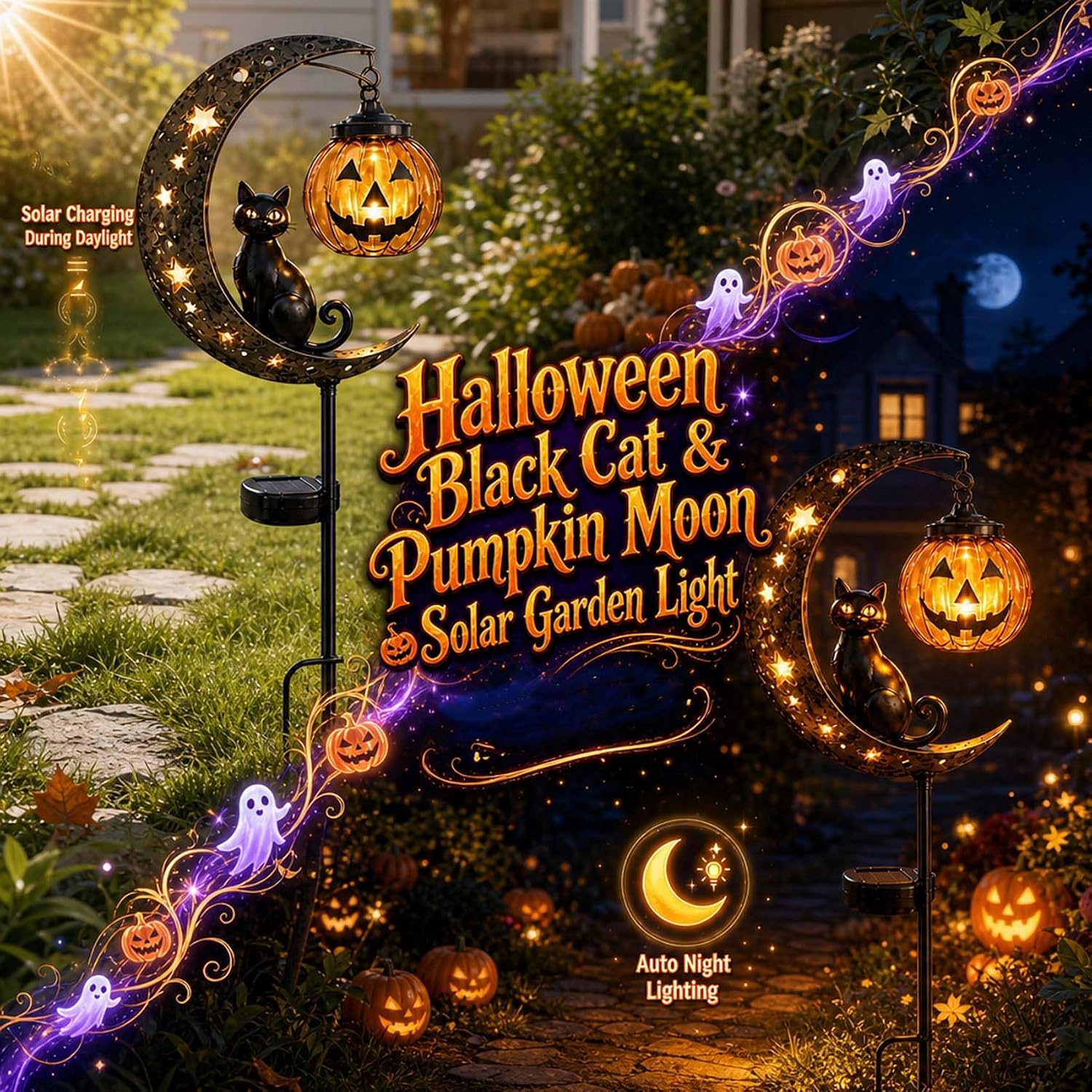 🌙 Solar-Powered Black Cat Garden Stake Light – Create a Magical Halloween Glow in Your Yard