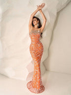 Ladies Rhinestone Strapless Elegant Heavy Embellished Evening Gown, Orange Fitted Sexy Bodycon Dress, For Luxurious Banquet, Wedding, Graduation Party