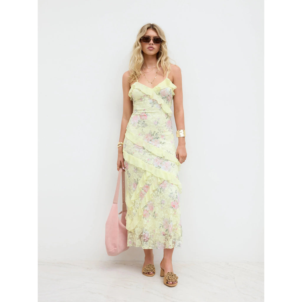 Lace V-neck floral ruffle stretch embroidered slim fit romantic women's summer vacation beach party dress