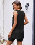 Women's Casual Black 2-Piece Outfit: Sleeveless Long Top & Pocket Shorts Set