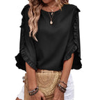 3/4 Long Sleeve Womens,Tops Dressy Casual Lightweight Loose Blouses Crew Neck Ruffle Sleeve
