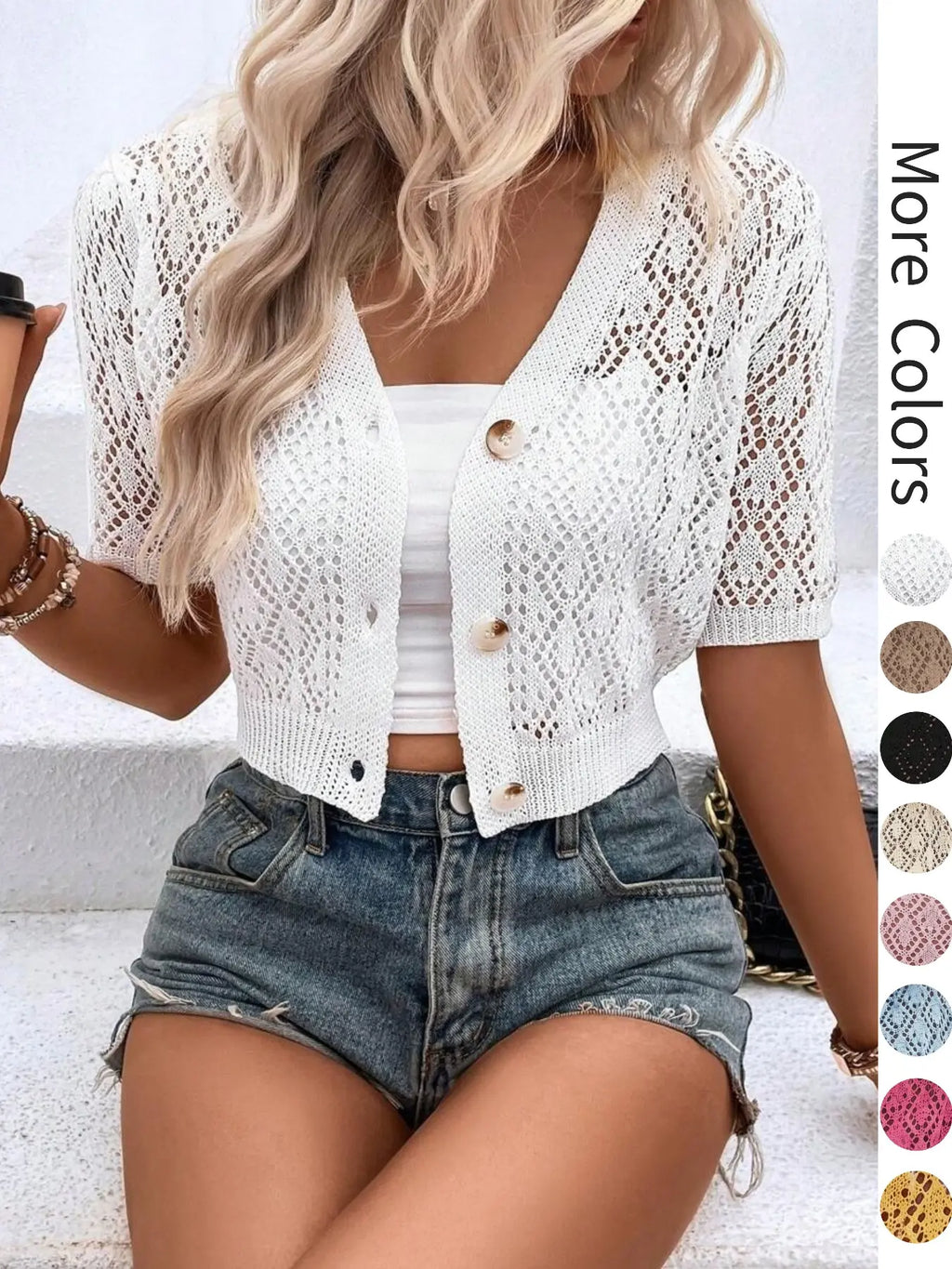 Women's V Neck Plain Hollow Out Button Front Knit Cardigan, Casual Spring Summer Short Sleeve Lightweight Short Cardigan, Women's Knitwear for Daily Wear, Knitting, Tops