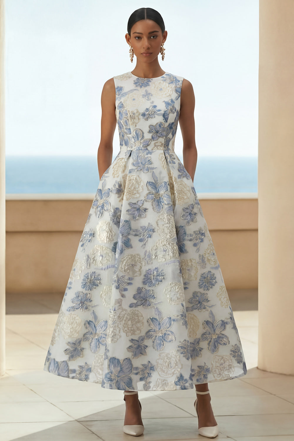 Multiple floral brocade A-line maxi skirts with pockets