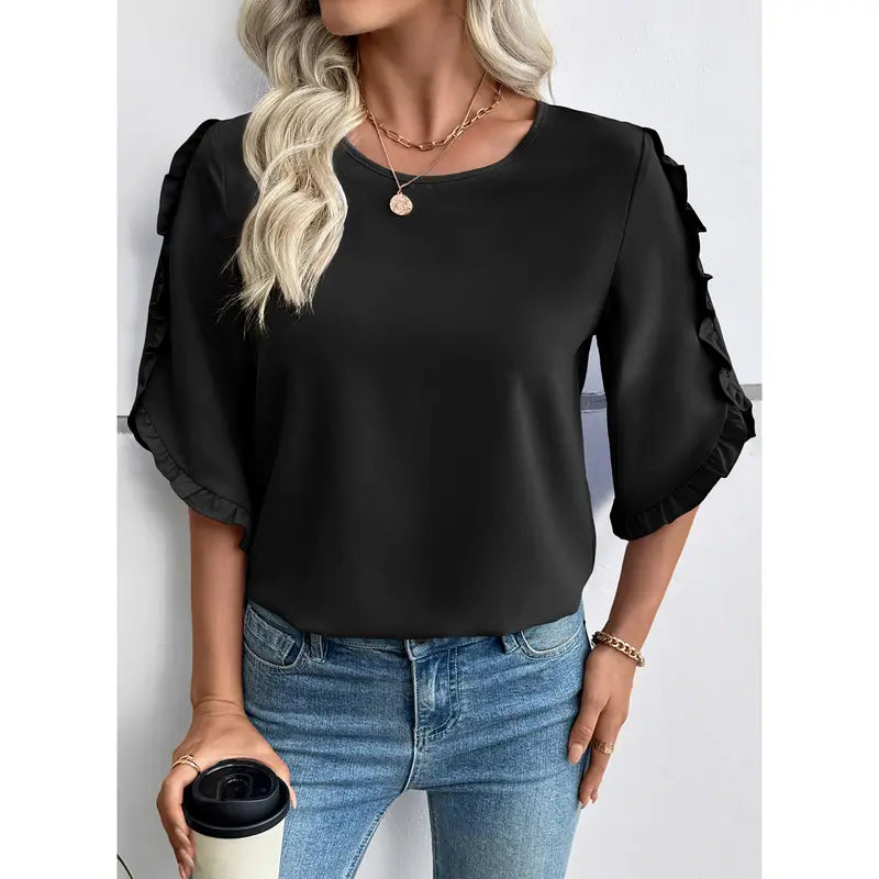 3/4 Long Sleeve Womens,Tops Dressy Casual Lightweight Loose Blouses Crew Neck Ruffle Sleeve