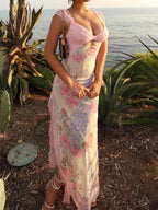 Women's floral print lace-trimmed jumpsuit, summer women's wear