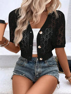 Women's V Neck Plain Hollow Out Button Front Knit Cardigan, Casual Spring Summer Short Sleeve Lightweight Short Cardigan, Women's Knitwear for Daily Wear, Knitting, Tops