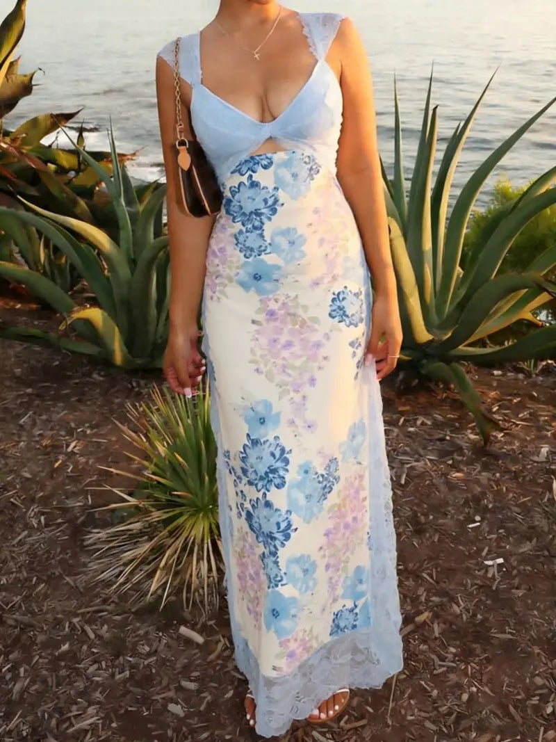 Women's floral print lace-trimmed jumpsuit, summer women's wear