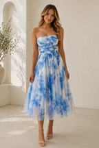 White and blue floral strapless A-line midi dress