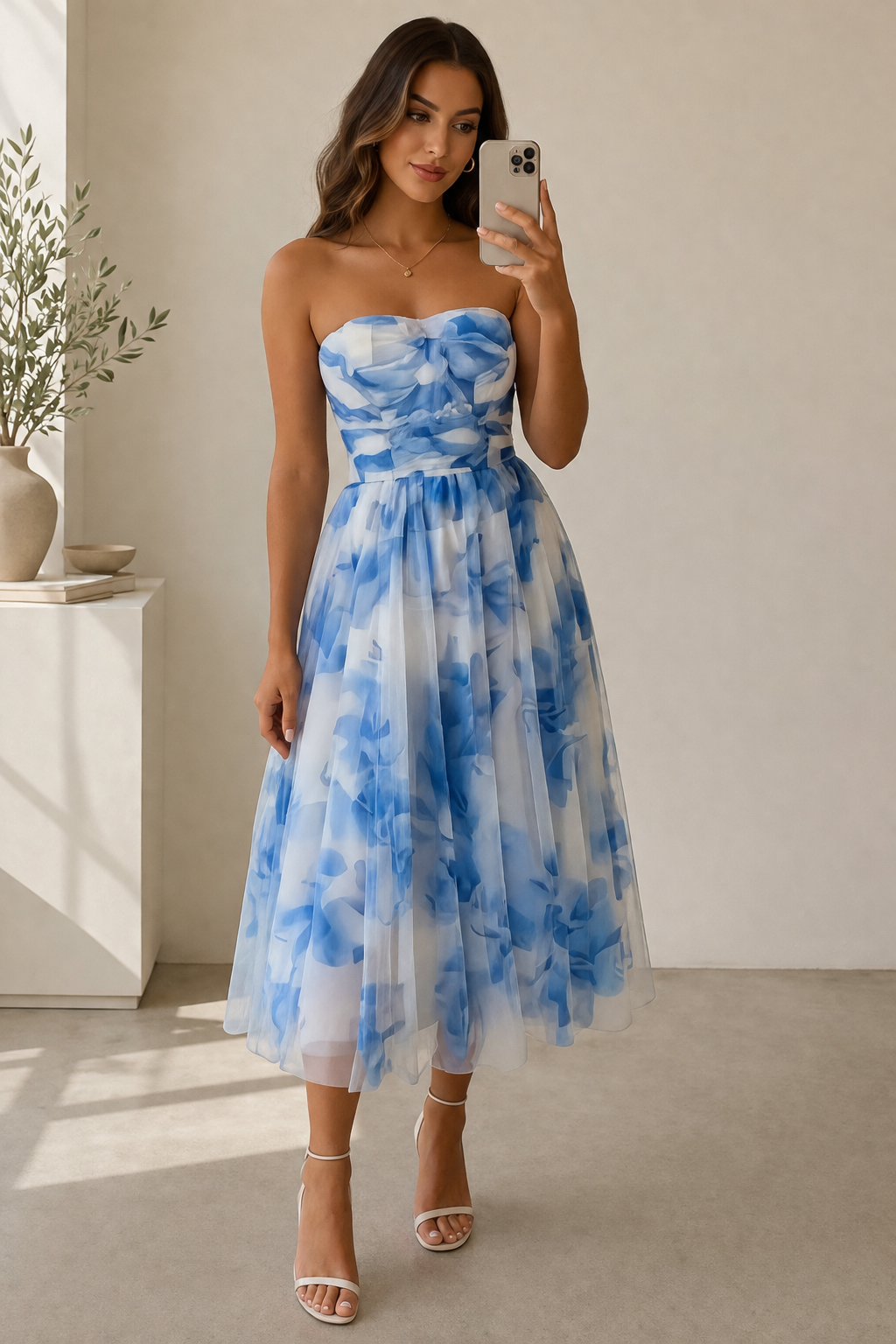 White and blue floral strapless A-line midi dress