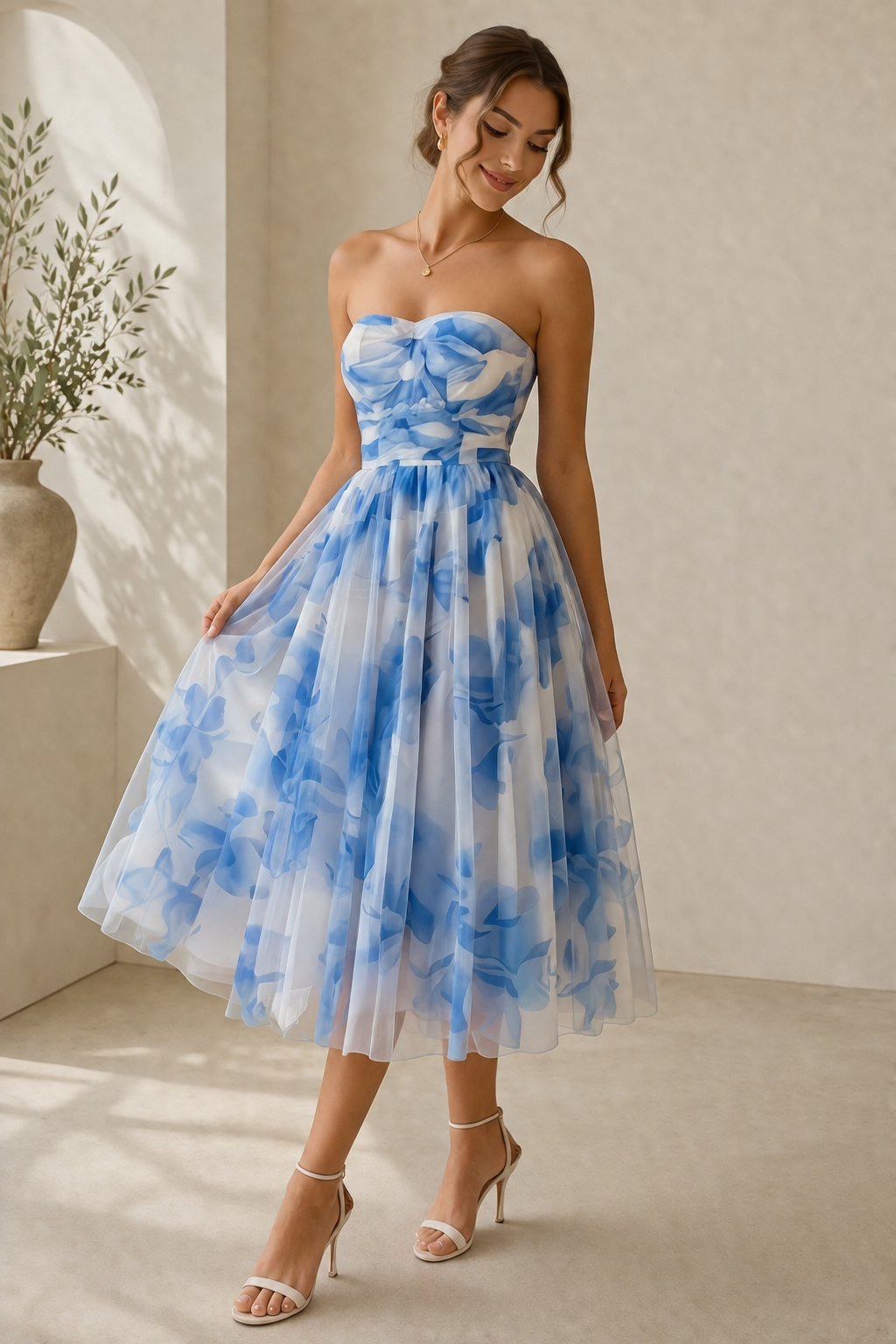 White and blue floral strapless A-line midi dress