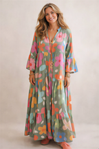 Women's Boho Bold Floral V-Neck Tiered Maxi Dress