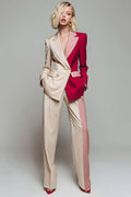 Light Khaki Red ColorBlock 2-Piece Notched Lapel Women Suits