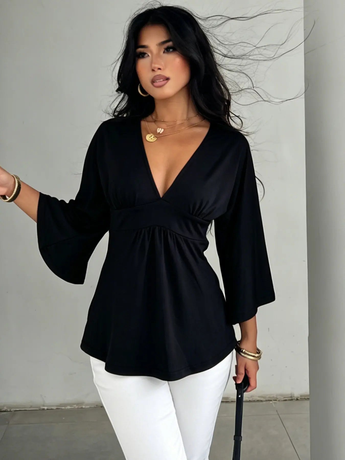 Women's V Neck Patchwork Ruched Batwing Sleeve a Line Loose Fit Fall Winter Y2K Casual Basic Tee, Comfortable Long Sleeve Top