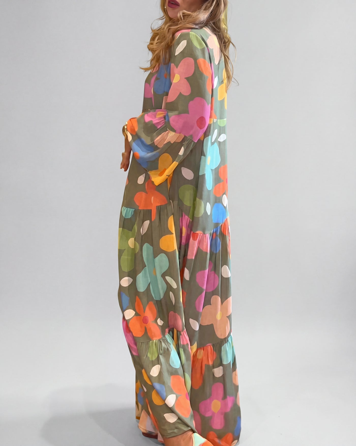 Women's Boho Bold Floral V-Neck Tiered Maxi Dress