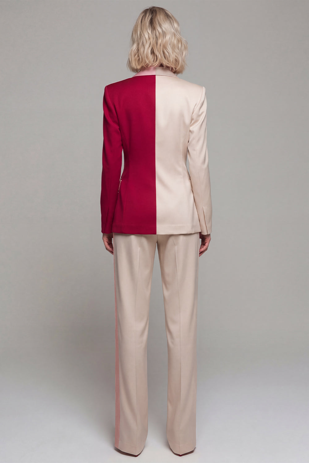 Light Khaki Red ColorBlock 2-Piece Notched Lapel Women Suits