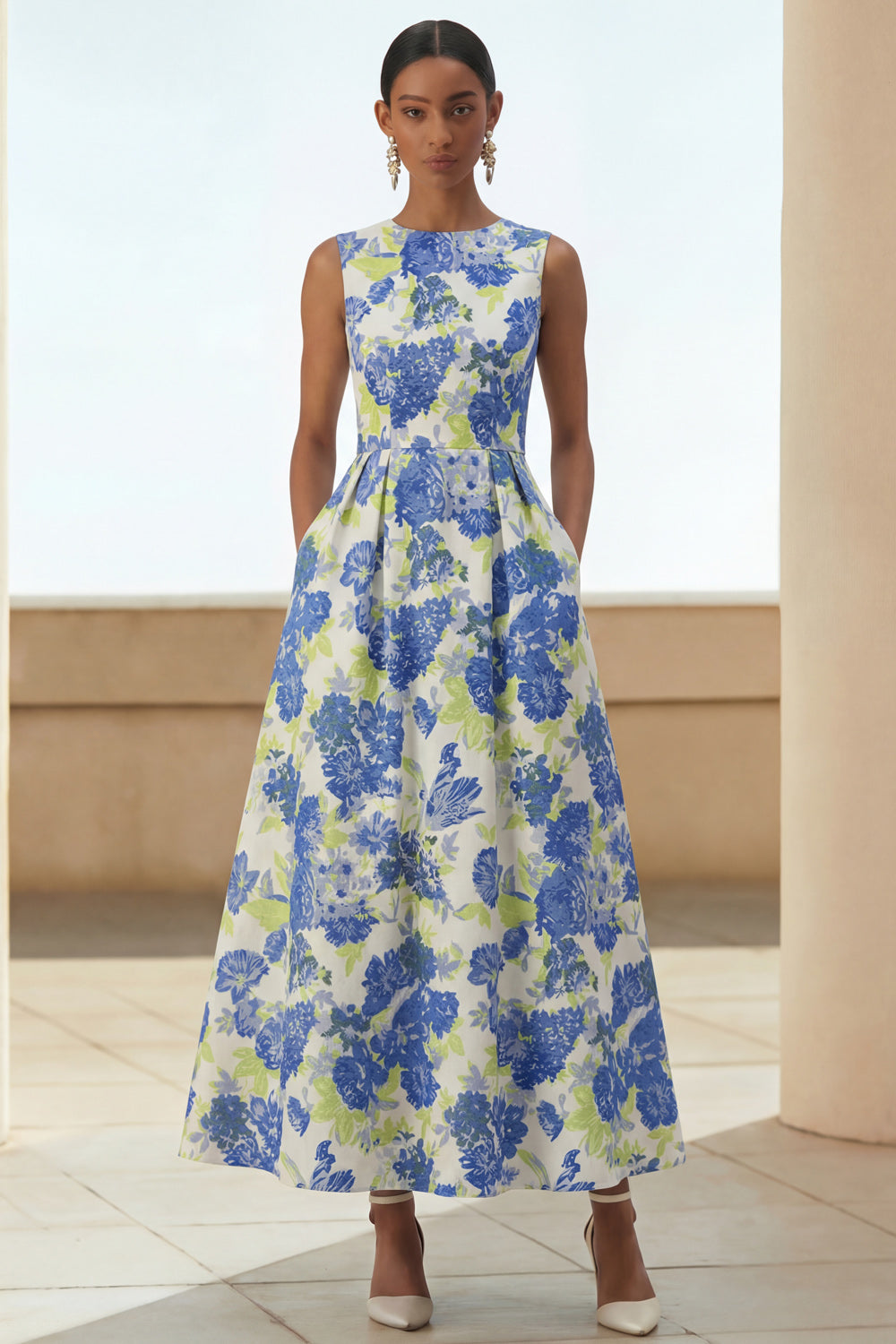 Multiple floral brocade A-line maxi skirts with pockets