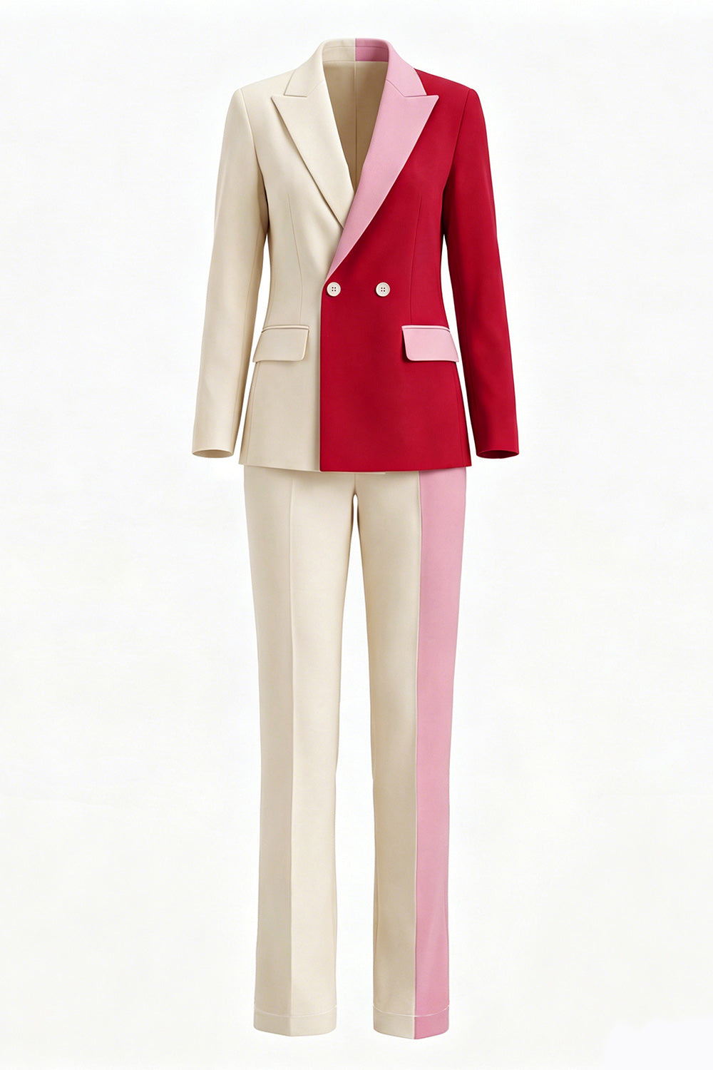 Light Khaki Red ColorBlock 2-Piece Notched Lapel Women Suits