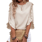 3/4 Long Sleeve Womens,Tops Dressy Casual Lightweight Loose Blouses Crew Neck Ruffle Sleeve